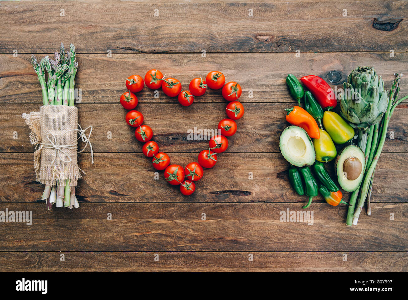 La frutta e la verdura disposizione, io amo il cibo sano Foto Stock