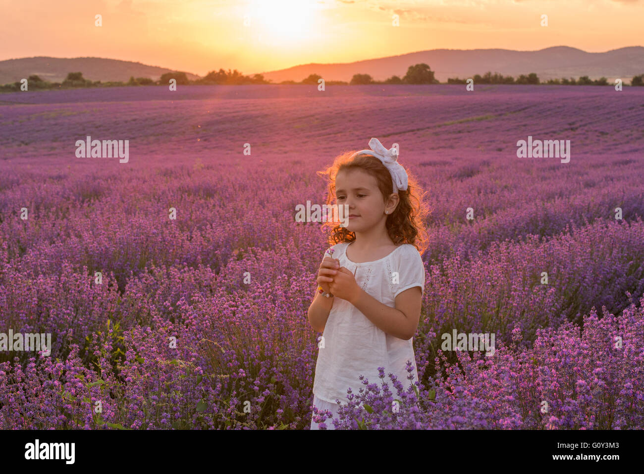 Ritratto di una ragazza in piedi nel campo di lavanda, Kazanlak, Bulgaria Foto Stock