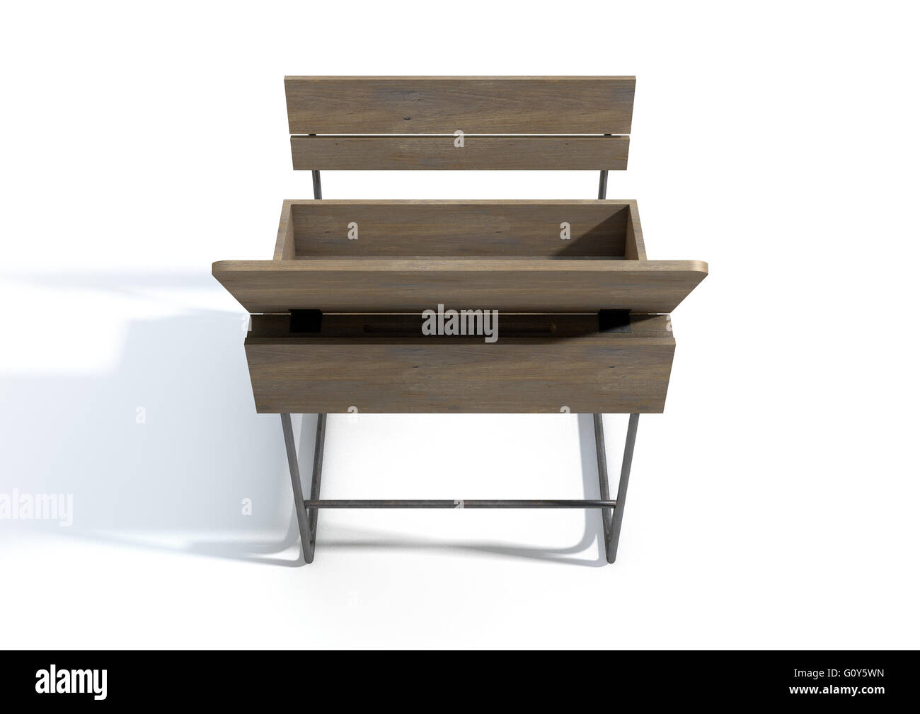 Un rendering 3D di un vuoto di legno vintage banco di scuola con apertura di coperchio incernierato e del sedile unico Foto Stock
