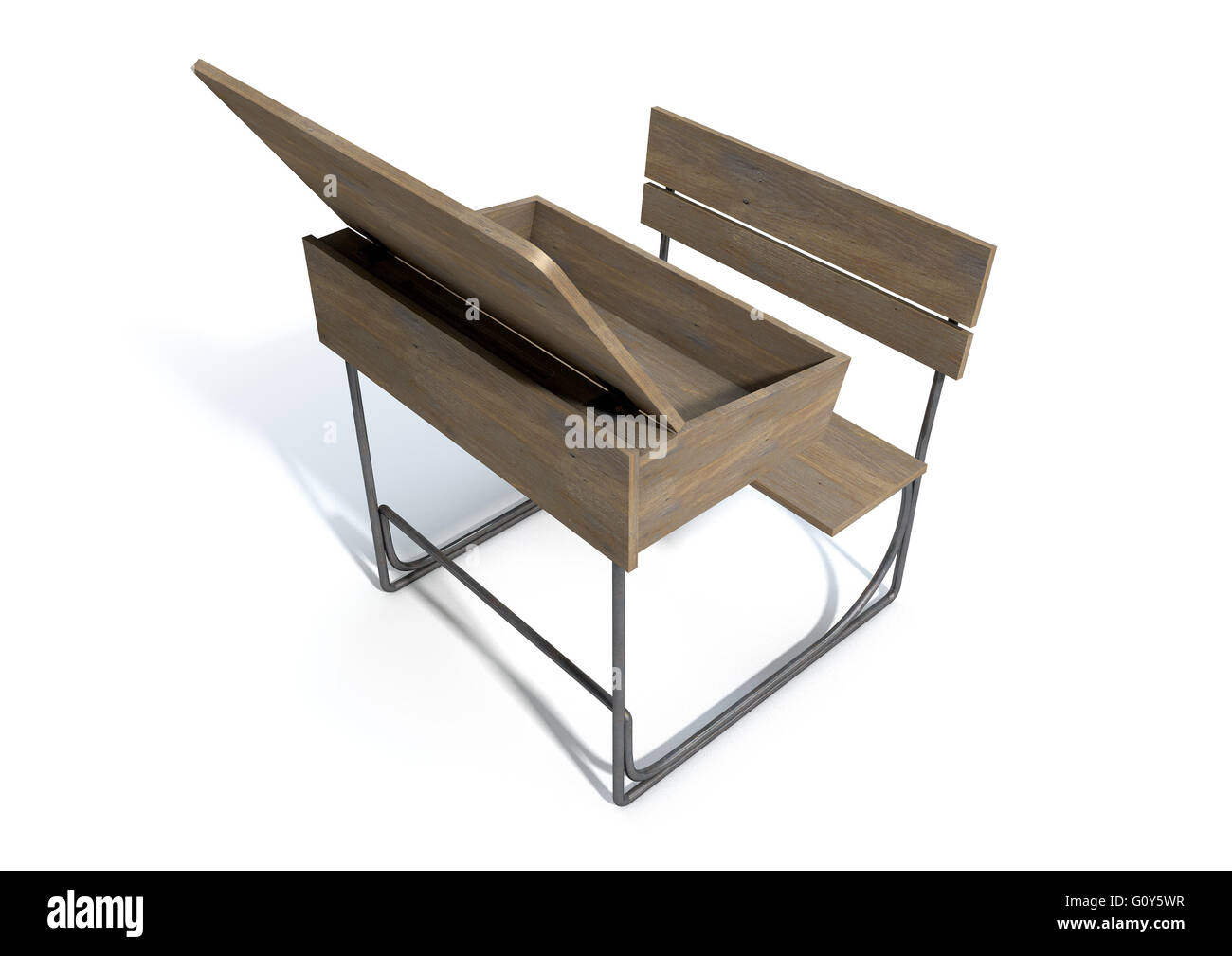 Un rendering 3D di un vuoto di legno vintage banco di scuola con apertura di coperchio incernierato e del sedile unico Foto Stock