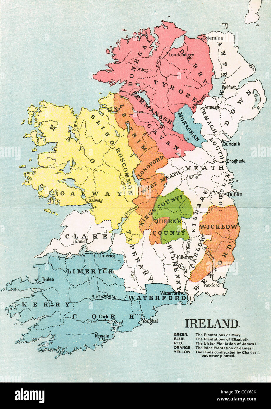 Con codice colore mappa del centro storico di piantagioni di Irlanda sotto Maria Elisabetta I, Giacomo I e Carlo i Foto Stock