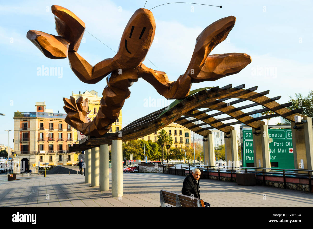 " Gambrinus' statua gigante di gamberi o aragosta su Passeig Colom Barcellona Catalonia Spagna Foto Stock