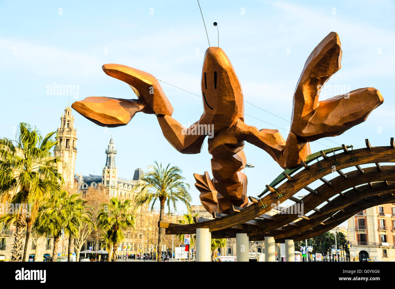 " Gambrinus' statua gigante di gamberi o aragosta su Passeig Colom Barcellona Catalonia Spagna Foto Stock