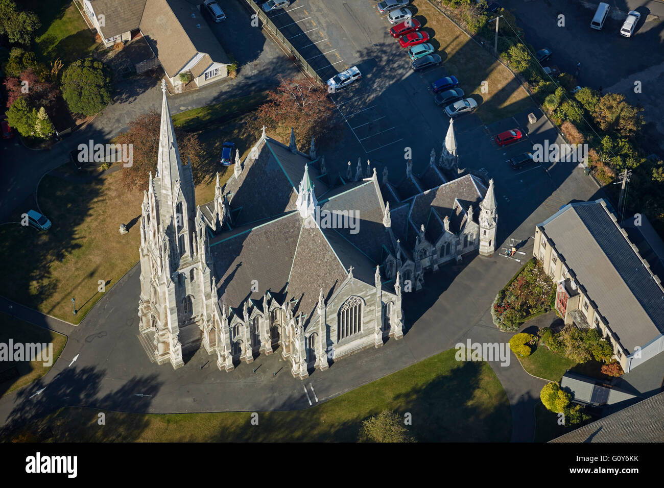 La prima chiesa, Moray Place, Dunedin, Otago, South Island, in Nuova Zelanda - aerial Foto Stock