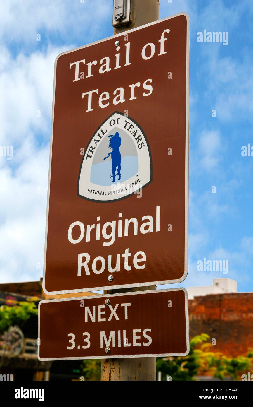 Il Sentiero delle Lacrime percorso originale segno nel centro cittadino di Chattanooga, Tennessee Foto Stock