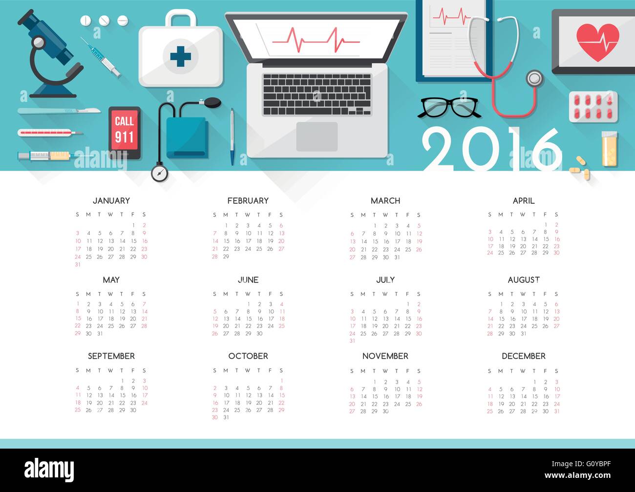Calendario Healthcare 2016 con medico desktop e strumenti medici vista dall'alto, della medicina e della sanità concept Illustrazione Vettoriale