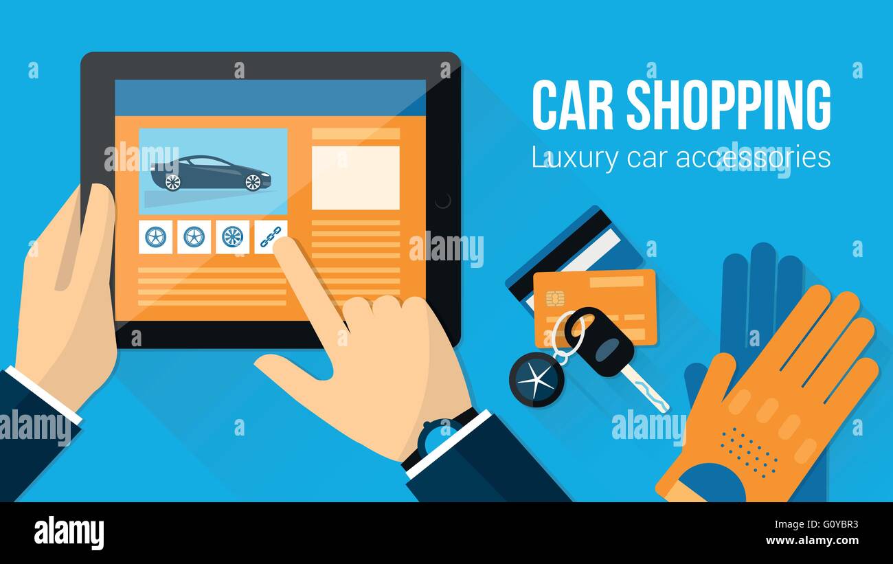 Accessori auto shopping banner, uomo ricerca per pneumatici su un sito Web utilizzando un tablet con le chiavi dell'auto, guanti da guida e ca di credito Illustrazione Vettoriale
