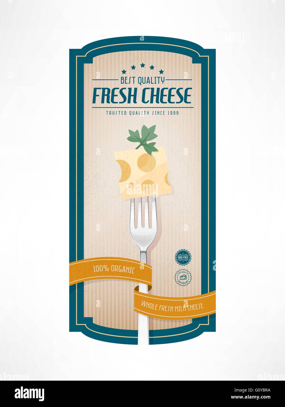 La qualità del formaggio vintage grunge etichetta con forcella e distintivi Illustrazione Vettoriale