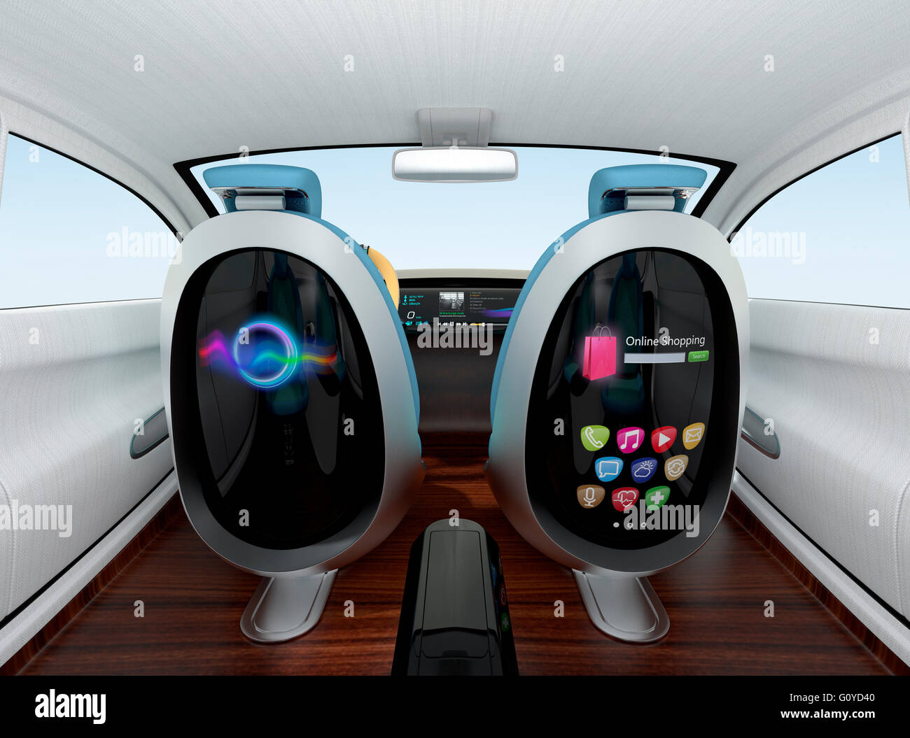 Auto autonomo concetto interno. Sedili anteriori dotate di monitor aiutare i passeggeri godendo di Internet sul viaggio. Foto Stock