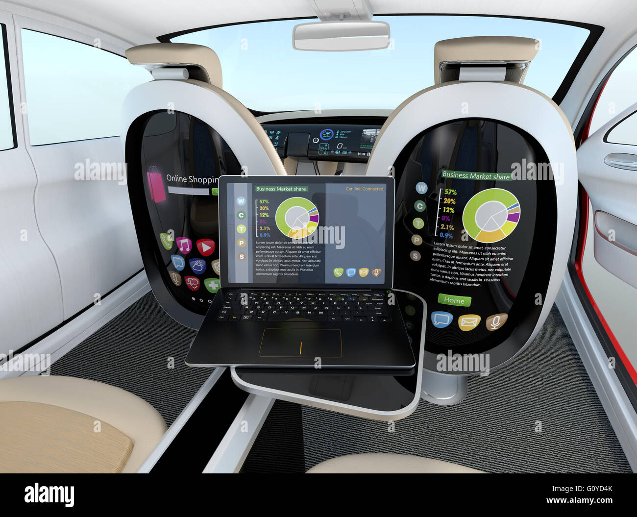 Auto autonomo concetto interno. Sincronizzazione portatile a schermo del sedile , Concept per il nuovo business stile di lavoro. Foto Stock
