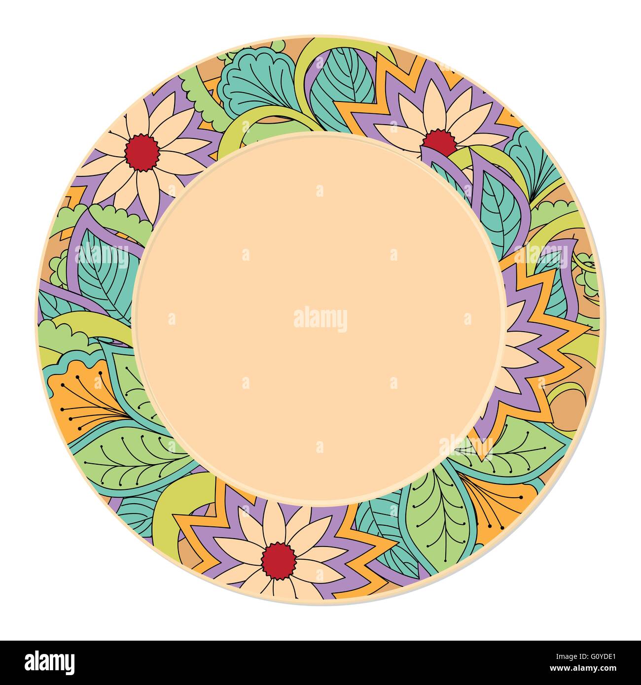 Disegnata a mano colorato decorato piattino in stile Boho con doodle fiori. isolato sul bianco. template per la decorazione dei piatti. Illustrazione Vettoriale