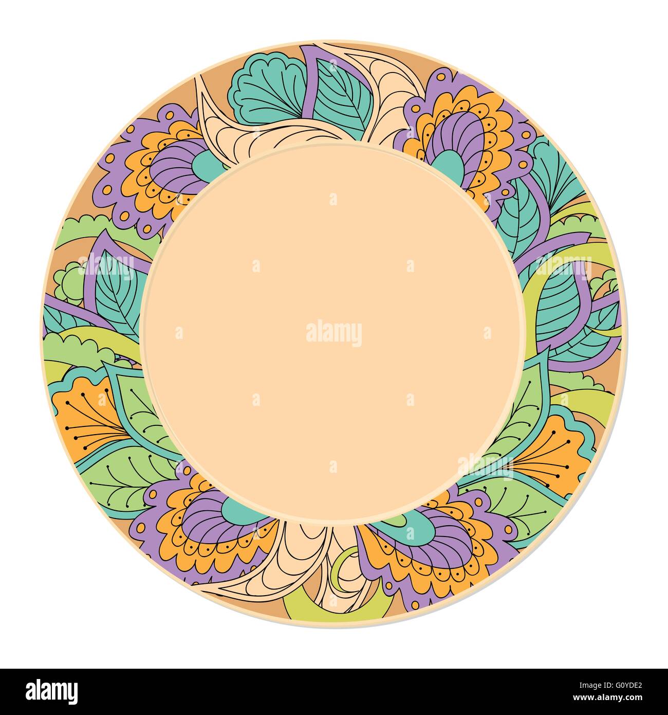 Disegnato a mano piattino decorato in stile Boho con doodle piante. isolato su bianco. template per la decorazione dei piatti, piastre. Illustrazione Vettoriale
