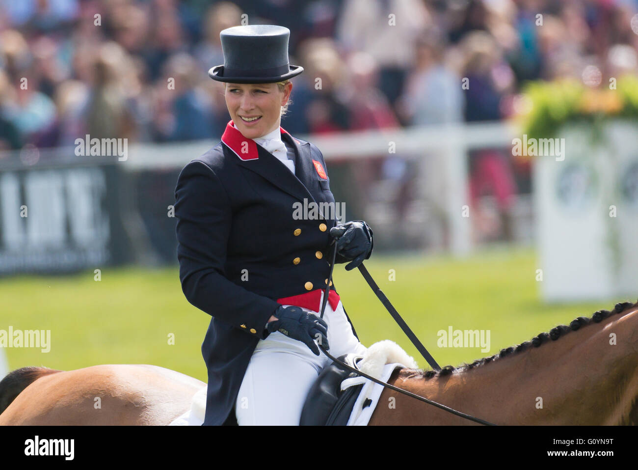 Badminton, South Gloucestershire, Regno Unito, 6 maggio 2016, Zara Tindall e il suo cavallo alta unito prendere parte alla fase di dressage presso la Mitsubishi Motors Badminton Horse Trials 2016. Dressage è una forma avanzata di maneggio che prove il cavallo e cavaliere come essi eseguire manovre difficili basato intorno a un cavallo movimenti naturali. Credito: Trevor Holt / Alamy Live News Foto Stock