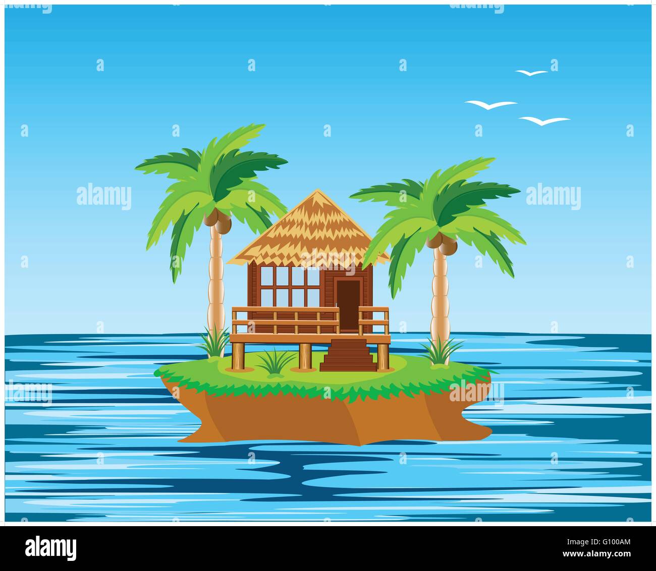 Isola tropicale oceano e bungalow con palm Illustrazione Vettoriale