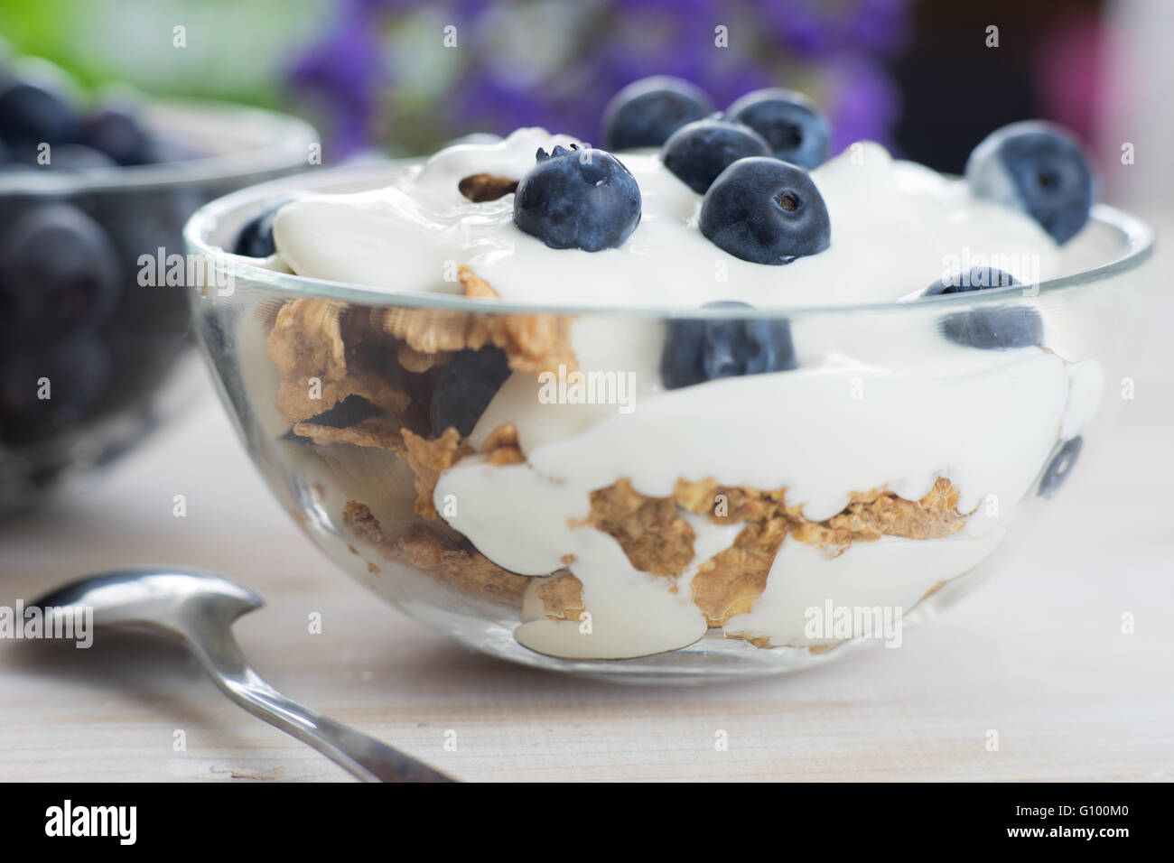 Close up del fitness muesli con yogurt e blackberry Foto Stock