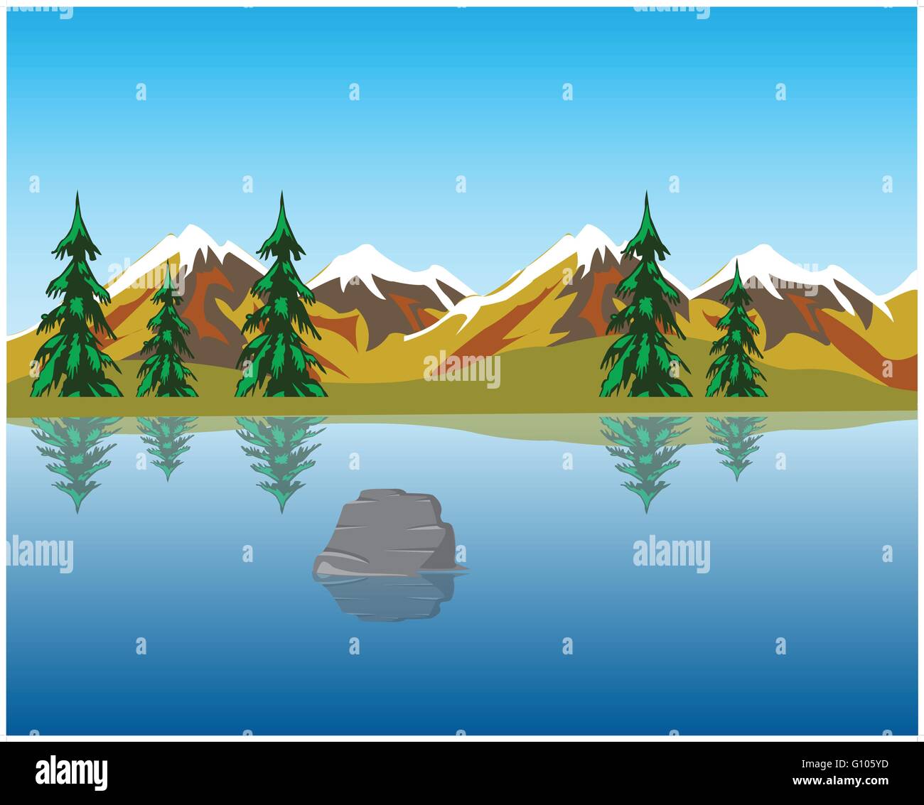 Il bellissimo lago in montagna tra legno.illustrazione vettoriale Illustrazione Vettoriale