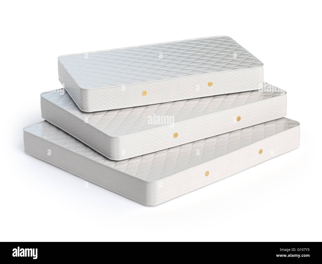 Materasso isolati su sfondo bianco. Pila di materassi ortopedici di diverse dimensioni. 3d illustrazione Foto Stock