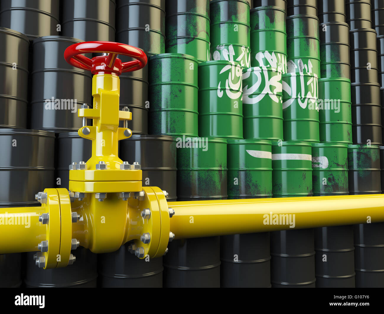 Tubo dell'olio valvola di linea davanti alla bandiera dell'Arabia Saudita in barili d'olio. Gas e olio combustibile concetto energetico. 3d illustrazione Foto Stock