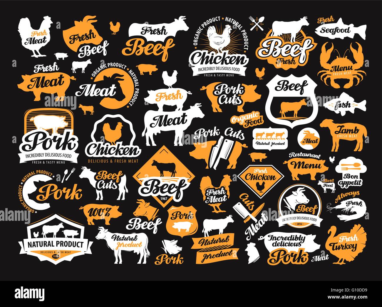 Set di vettore di cibo, carne etichette, logo, icone, gli elementi di design Illustrazione Vettoriale