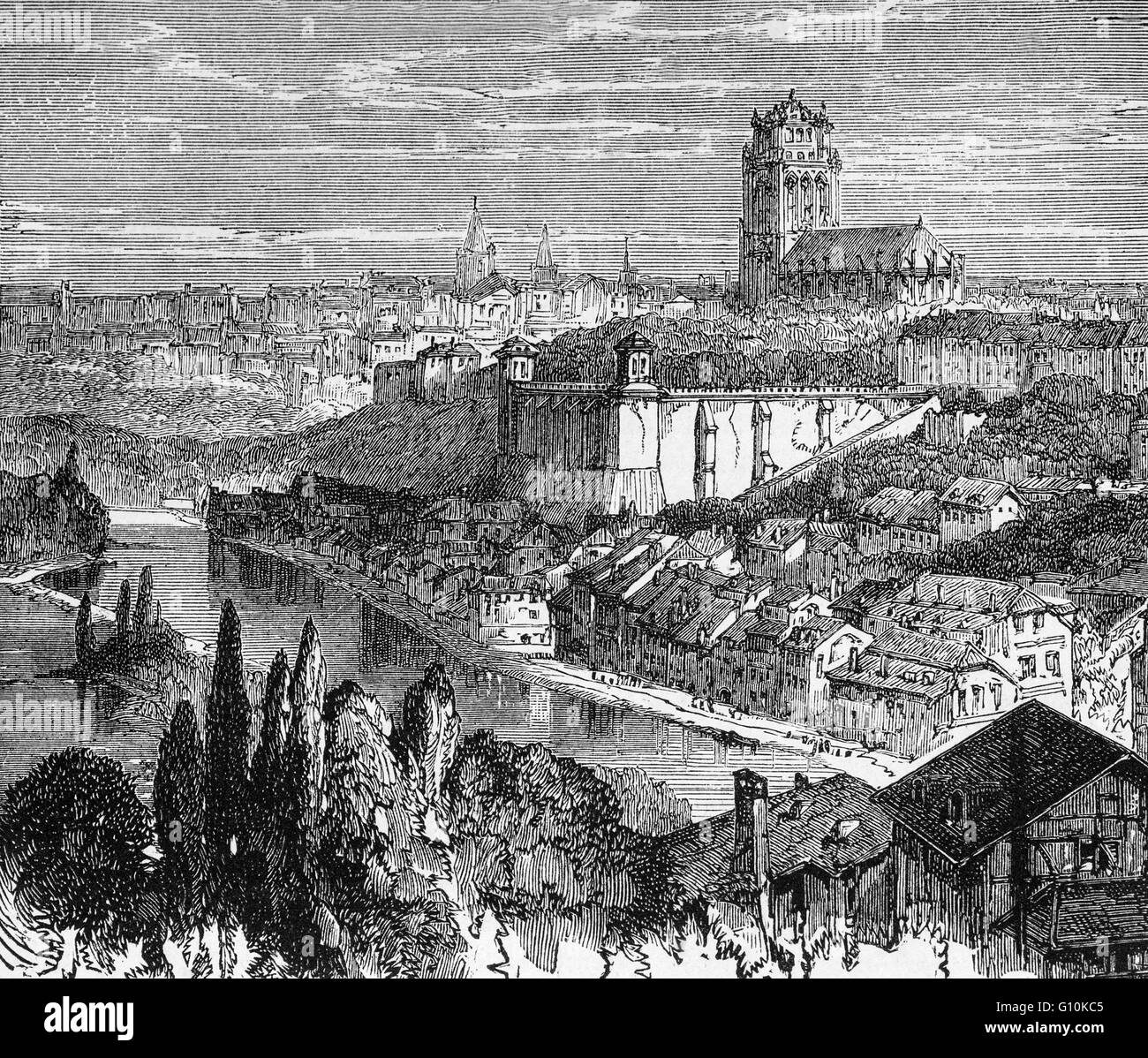 Xix secolo vista aerea di Berna, la capitale della Svizzera, costruito intorno ad un truffatore nel fiume Aare, essa trae le sue origini al XII secolo. Il Parlamento svizzero e i diplomatici si incontrano nella rinascimentale Bundeshaus (sede del Palazzo). Foto Stock