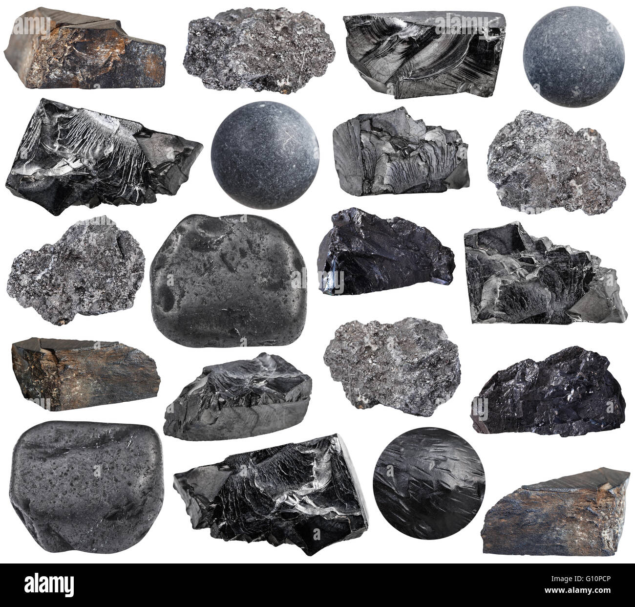 Set di vari carbonio (antracite, shungite, grafite, carbone e lignite jet) naturali pietre minerali, rocce e pietre preziose o isolato Foto Stock