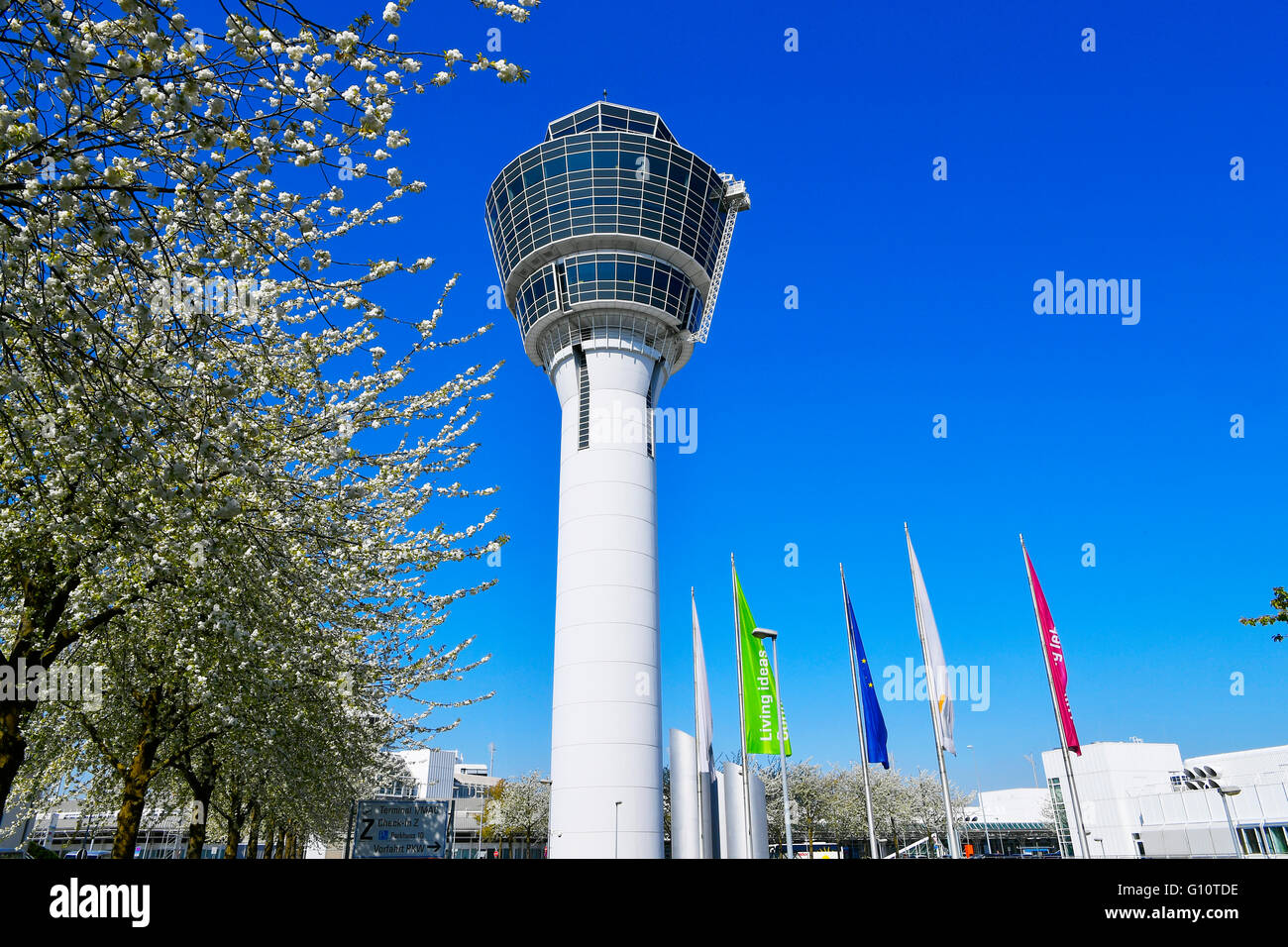 Torre, fiori di ciliegio, ciliegi, Airport Terminal, MUC, EDDM, Aeroporto di Monaco di Baviera, Erding, Freising, Monaco di Baviera, Foto Stock