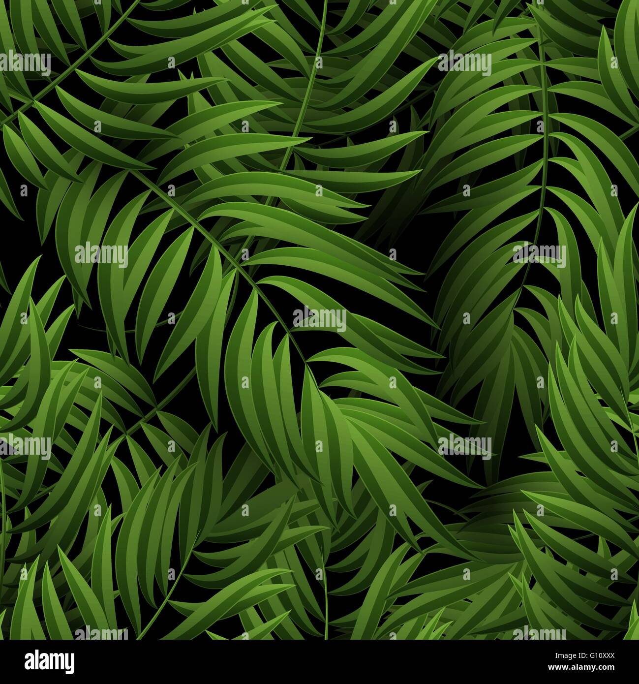 Seamless giungla tropicale motivo floreale con fronde di palma. Illustrazione Vettoriale. Verde foglie di palmo pattern su sfondo nero Illustrazione Vettoriale