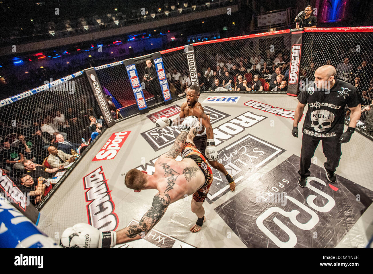 Londra, Regno Unito. 8 maggio 2016. UCMMA mixed martial arts gabbia lotta ai concorrenti di competere al Troxy. Kris re vs Anthony Kannike in giallo shorts vincitore Credito: roger parkes/Alamy Live News Foto Stock