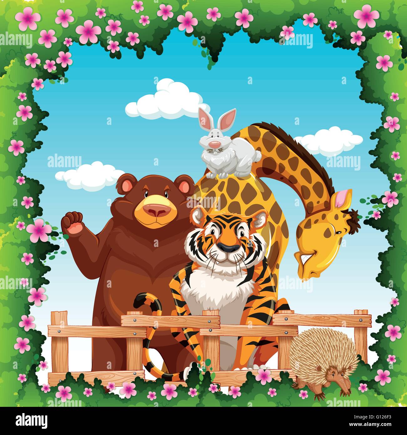 Animali selvatici in fiore illustrazione telaio Illustrazione Vettoriale