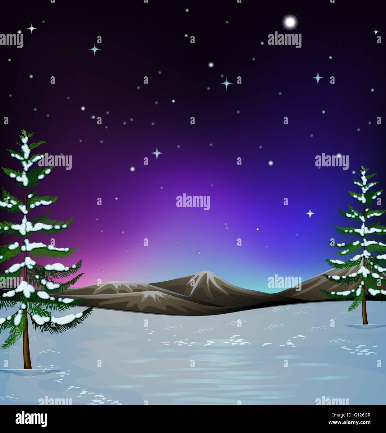 La natura in scena con la neve sulla terra illustrazione Illustrazione Vettoriale