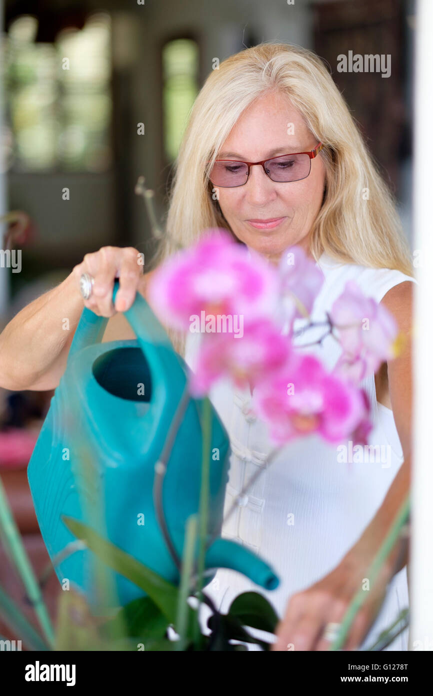 Donna in pensione avendo cura di flowerd e piante nella sua casa utilizzando un annaffiatoio Foto Stock