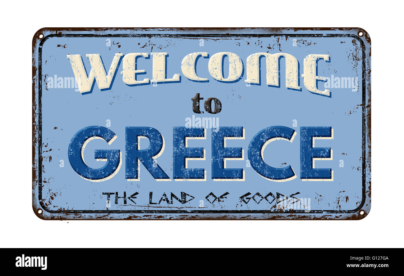 Benvenuti in Grecia vintage metallo arrugginito segno su uno sfondo bianco, illustrazione vettoriale Foto Stock