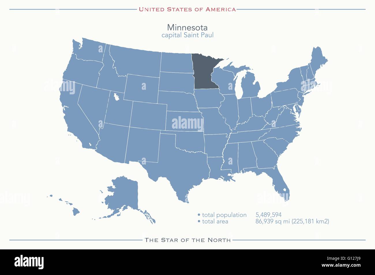 Stati Uniti d'America isolata e mappa dello stato del Minnesota territorio. vettore politico USA mappa geografica modello di pagina di intestazione Illustrazione Vettoriale