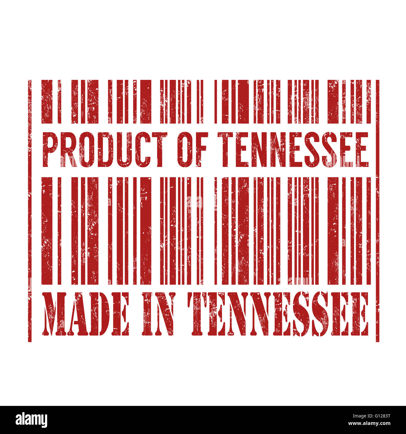 Prodotto di Tennessee, realizzati in Tennessee e il codice a barre grunge timbro di gomma su sfondo bianco, illustrazione vettoriale Foto Stock
