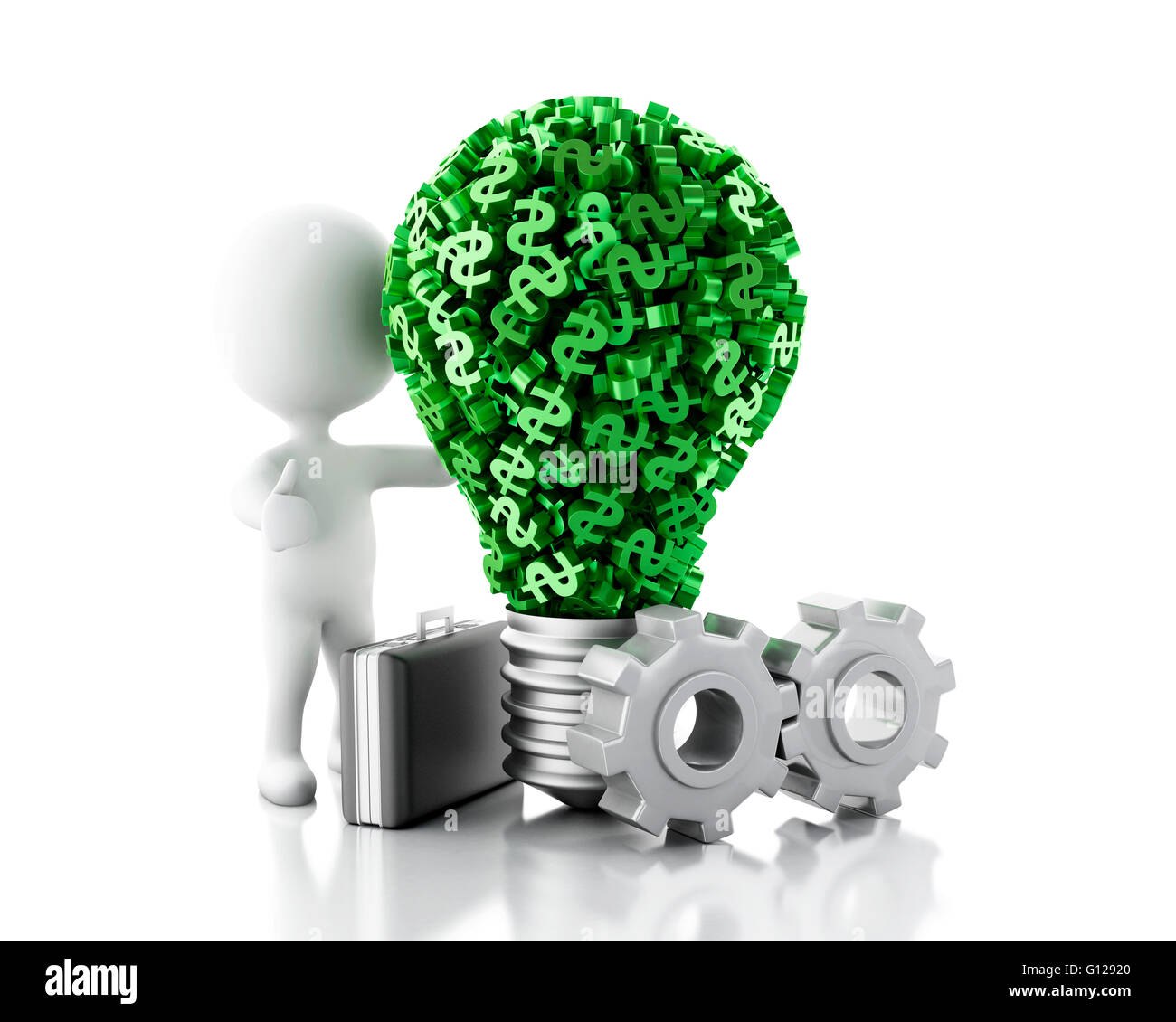 3D renderer immagine. La gente bianca e la lampada spia con il simbolo del dollaro. Il concetto di business. Isolato sullo sfondo bianco. Foto Stock