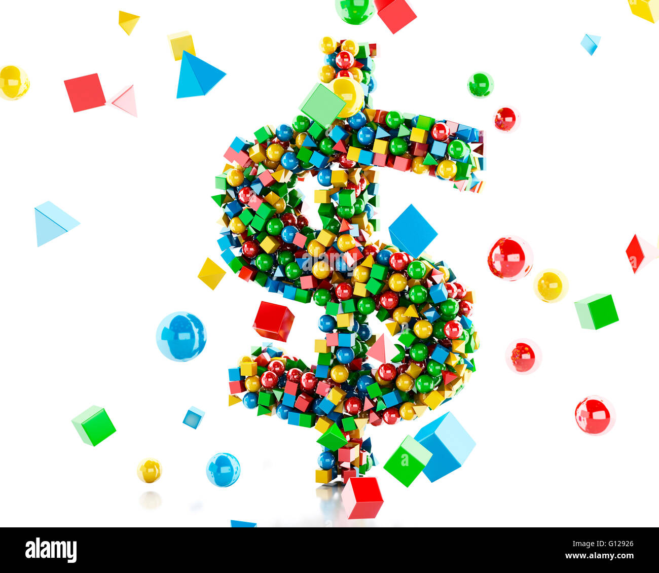 3D renderer immagine. Il simbolo del dollaro con figure geometriche e colorfull forme. Isolato sullo sfondo bianco. Foto Stock