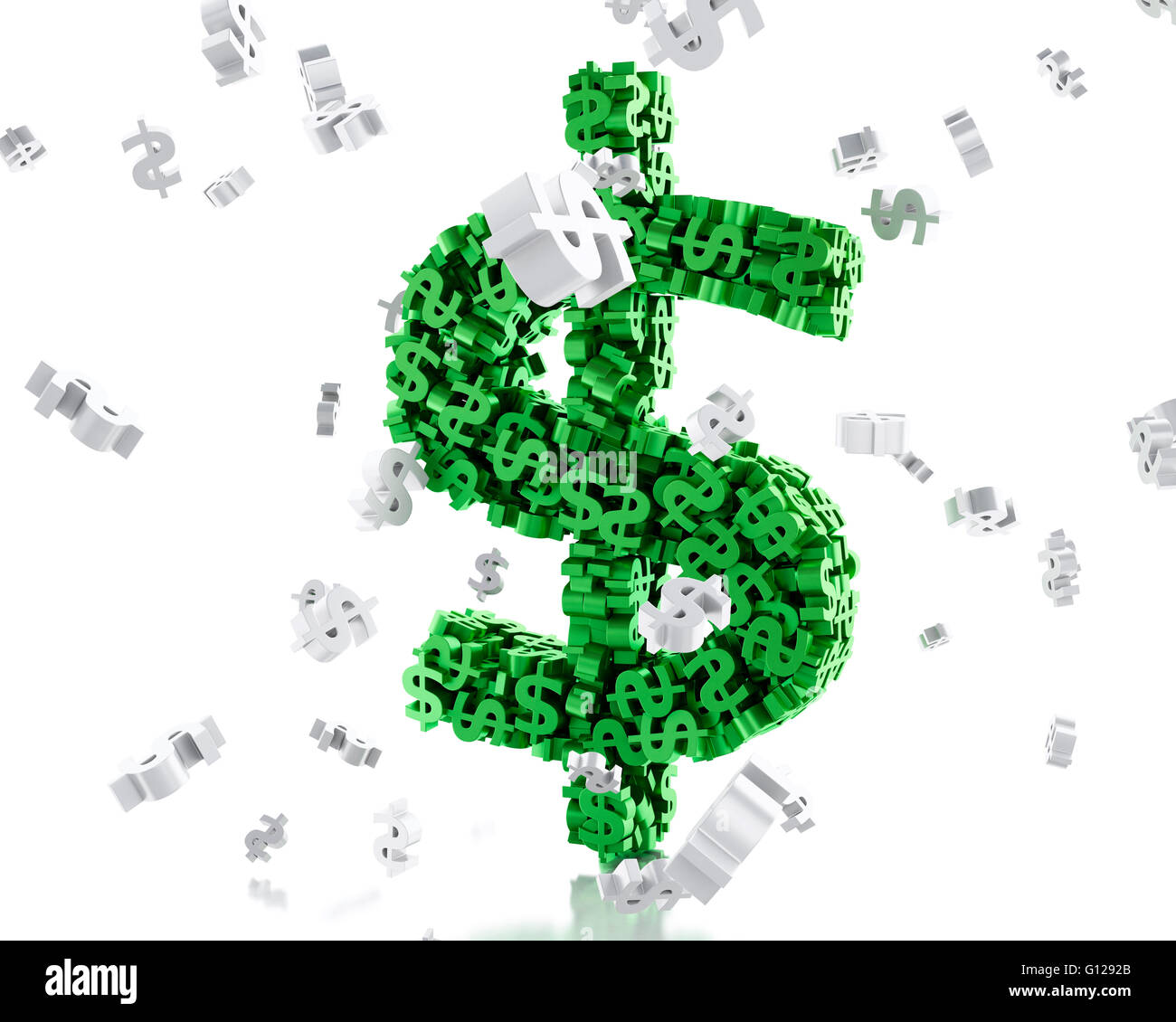 3D renderer immagine. Il simbolo del dollaro con i simboli di dollaro attorno. Il concetto di business. Isolato sullo sfondo bianco. Foto Stock