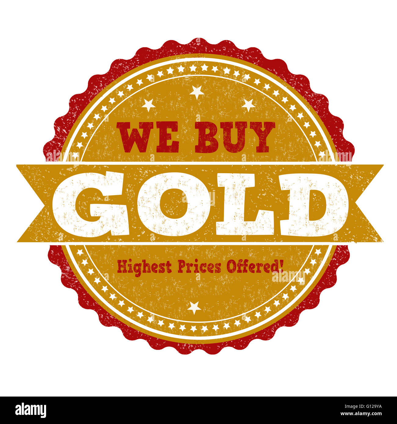 Abbiamo comprare oro grunge timbro di gomma su sfondo bianco, illustrazione vettoriale Foto Stock