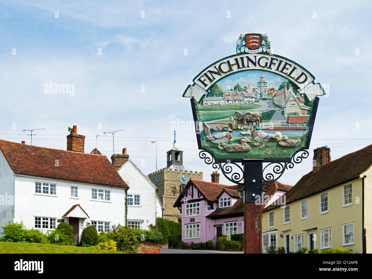Segno nel villaggio di Finchingfield, Essex, Inghilterra, Regno Unito Foto Stock