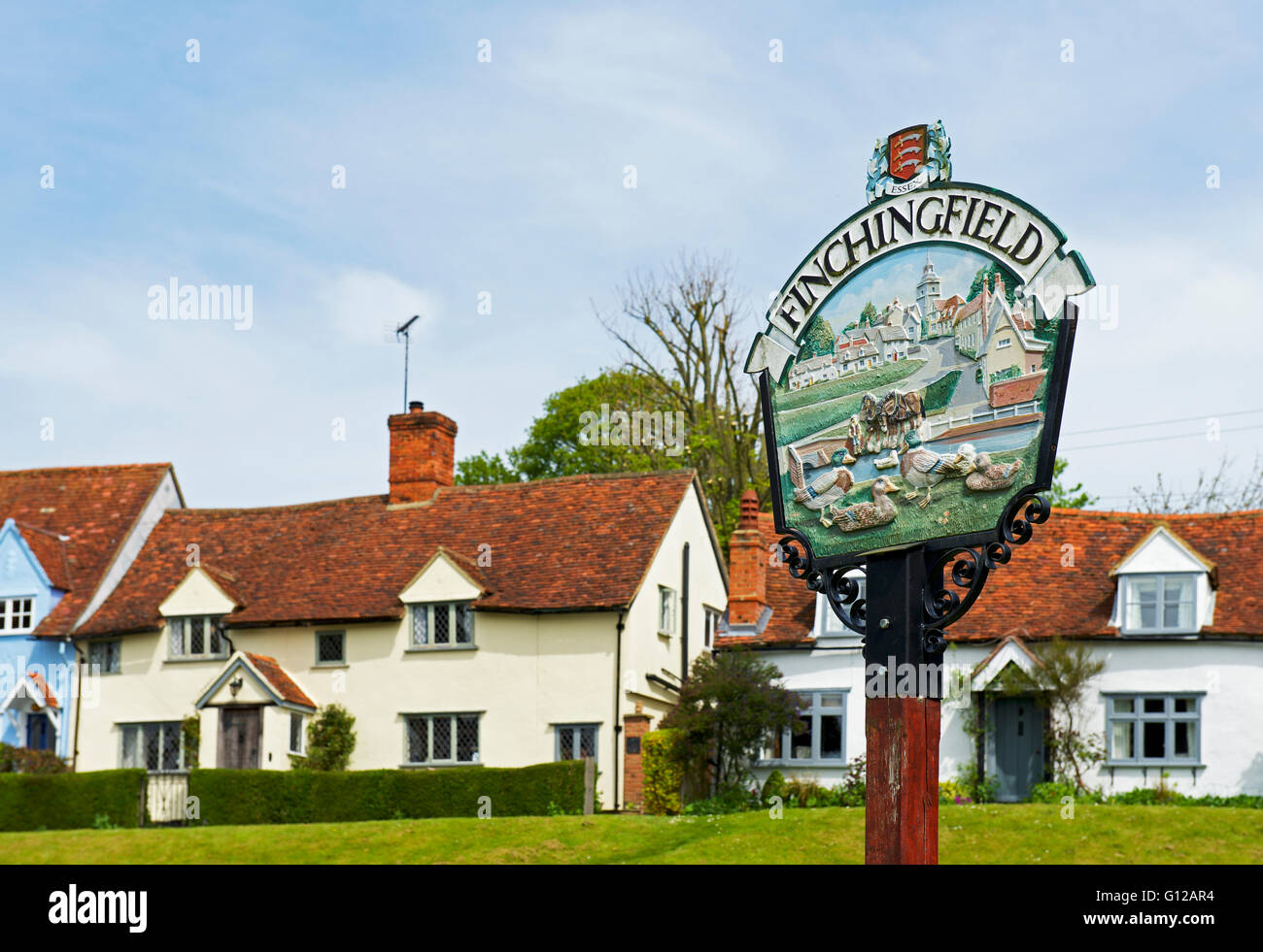 Segno per il villaggio di Finchingfield in Essex, Inghilterra, Regno Unito Foto Stock