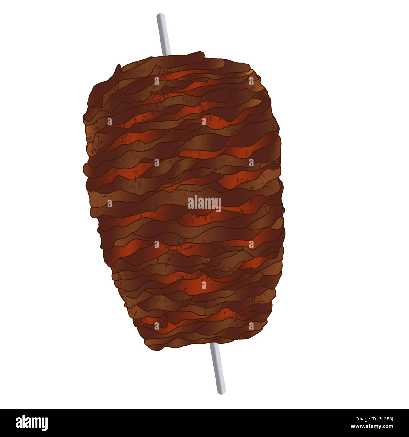 Tradizionale greca gyros carne su un bastone su sfondo bianco, illustrazione vettoriale Foto Stock