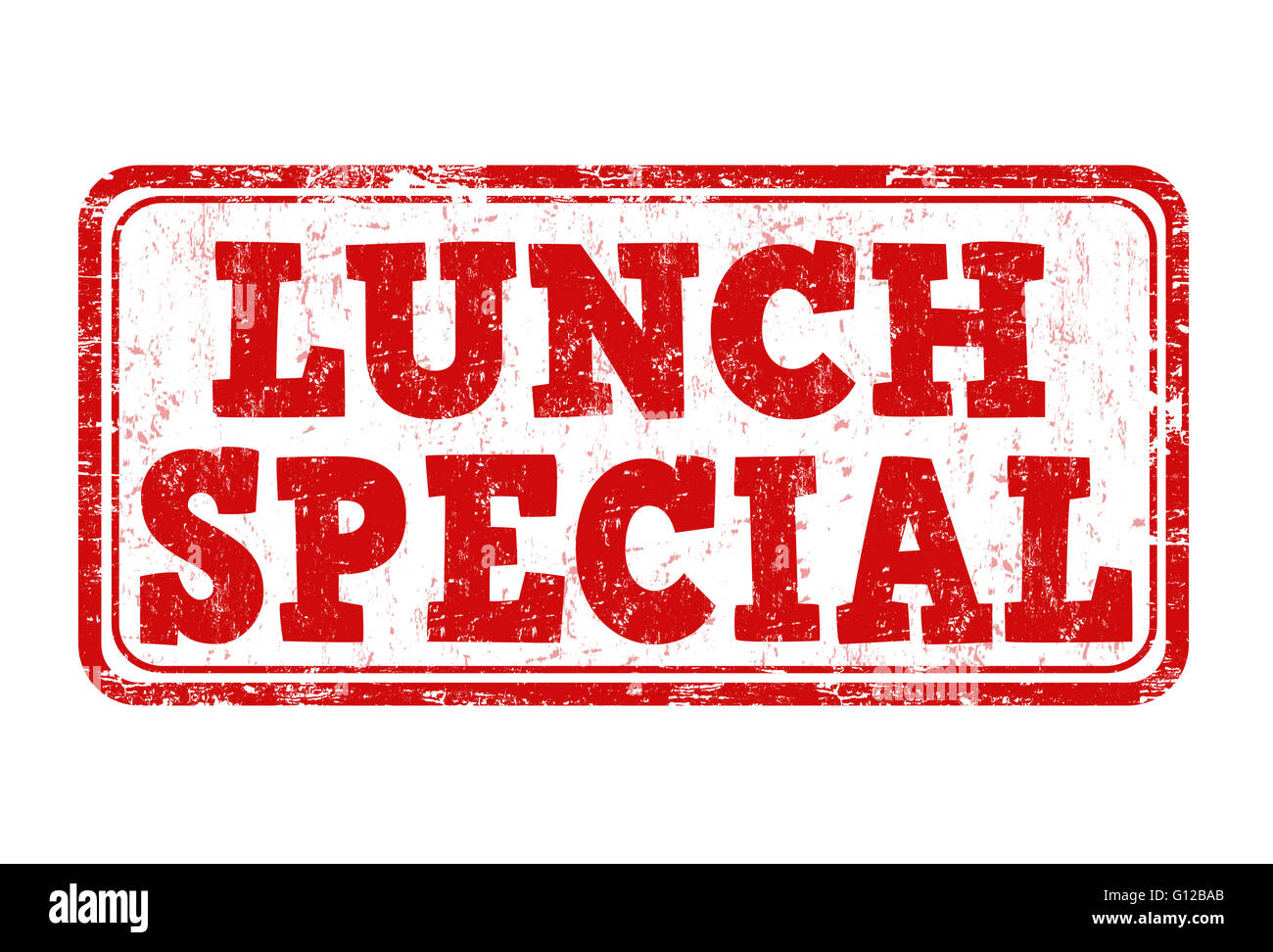 Il pranzo speciale gomma grunge timbro su sfondo bianco, illustrazione vettoriale Foto Stock