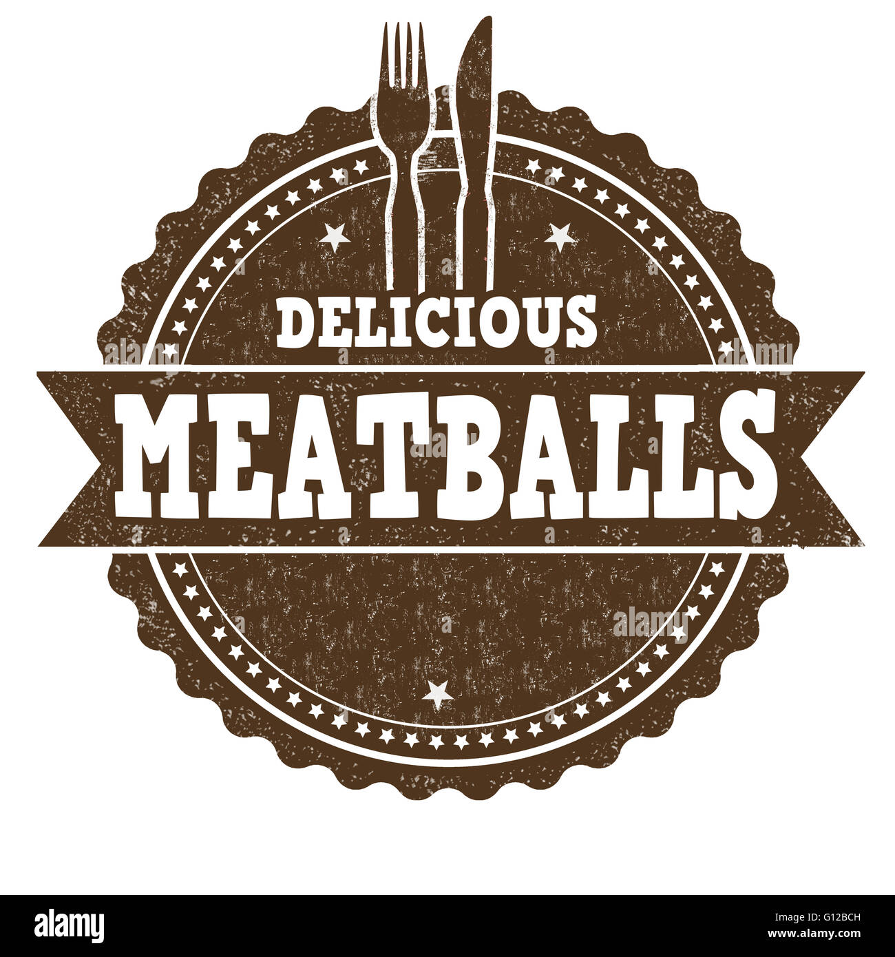 Le polpette di carne grunge timbro di gomma su sfondo bianco, illustrazione vettoriale Foto Stock