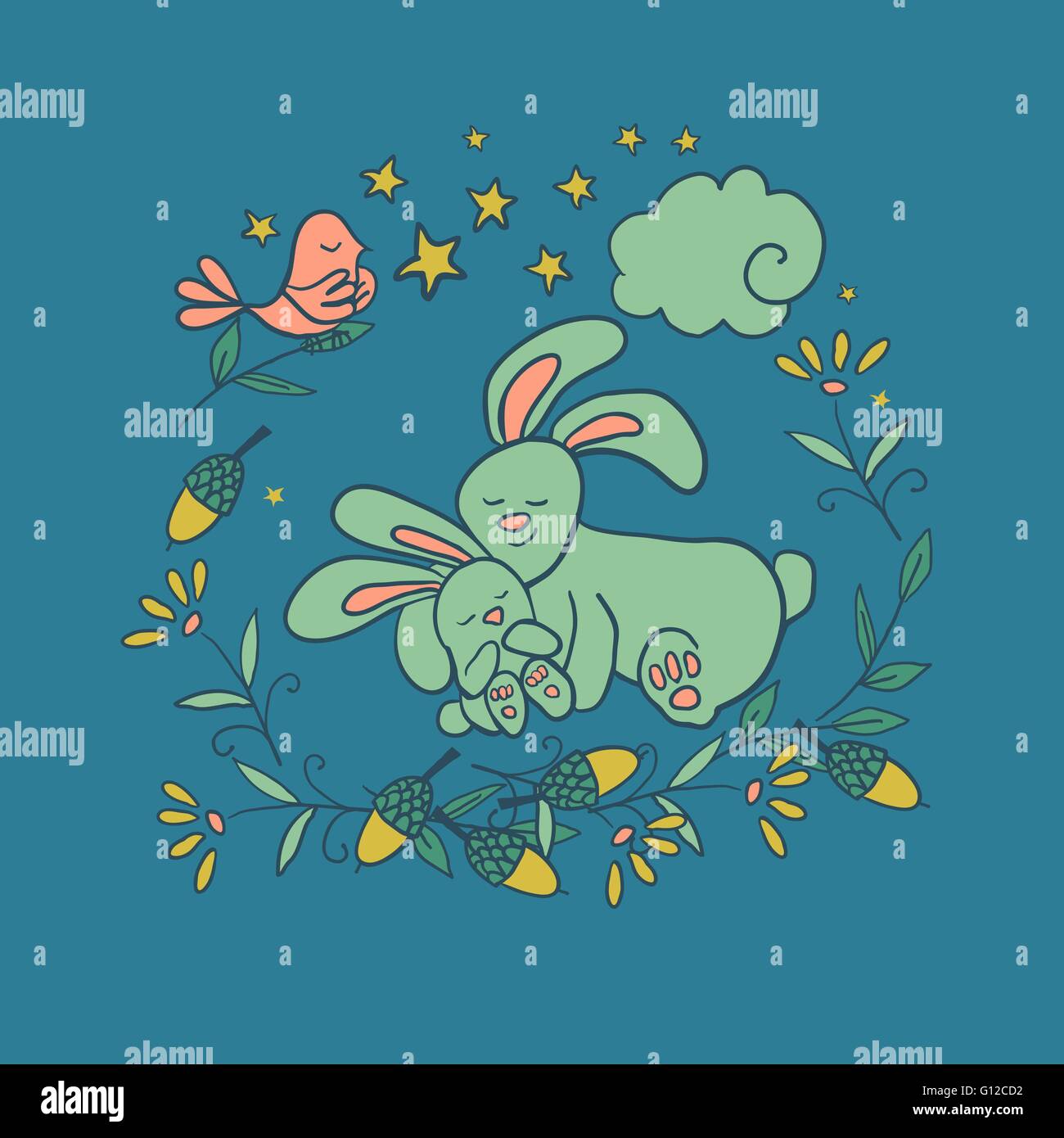 Attività per i giovani uomini e donne nella foresta di notte mentre il campeggio. Sleeping Bear sull'erba, mom e baby bunny rabbit ho Illustrazione Vettoriale