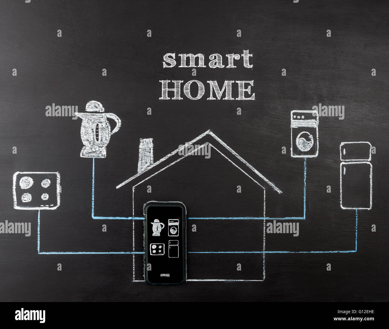 Smart home concetto del disegno a mano su chalk board. Telefono cellulare il controllo degli elettrodomestici. L'immagine orizzontale con il testo. Foto Stock