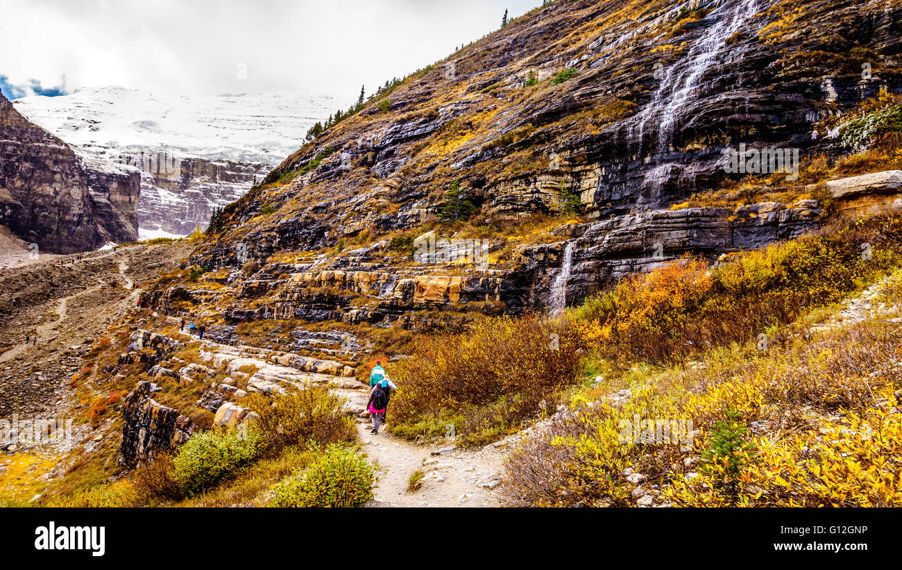 Escursionismo per la pianura di sei ghiacciai con una vista del Mitre e Monte Lefroy nel Parco Nazionale di Banff nelle Montagne Rocciose Foto Stock