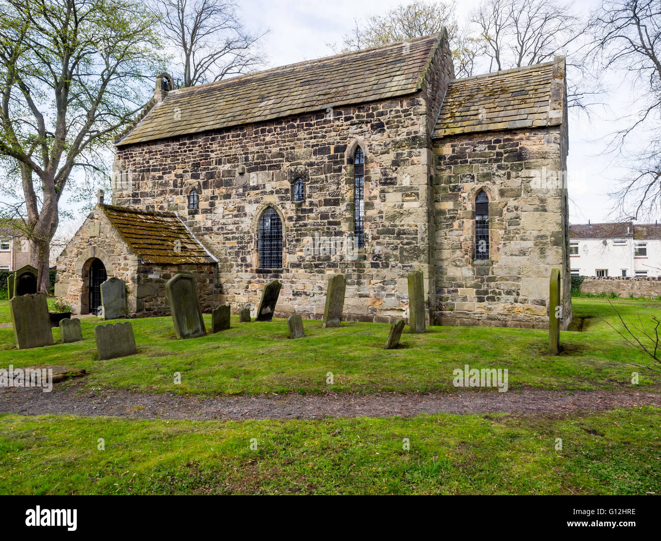 Un settimo secolo Anglo Sassone in chiesa Escomb Co. Durham Regno Unito Inghilterra in parte costruito con pietra dal Binchester Roman Fort Foto Stock