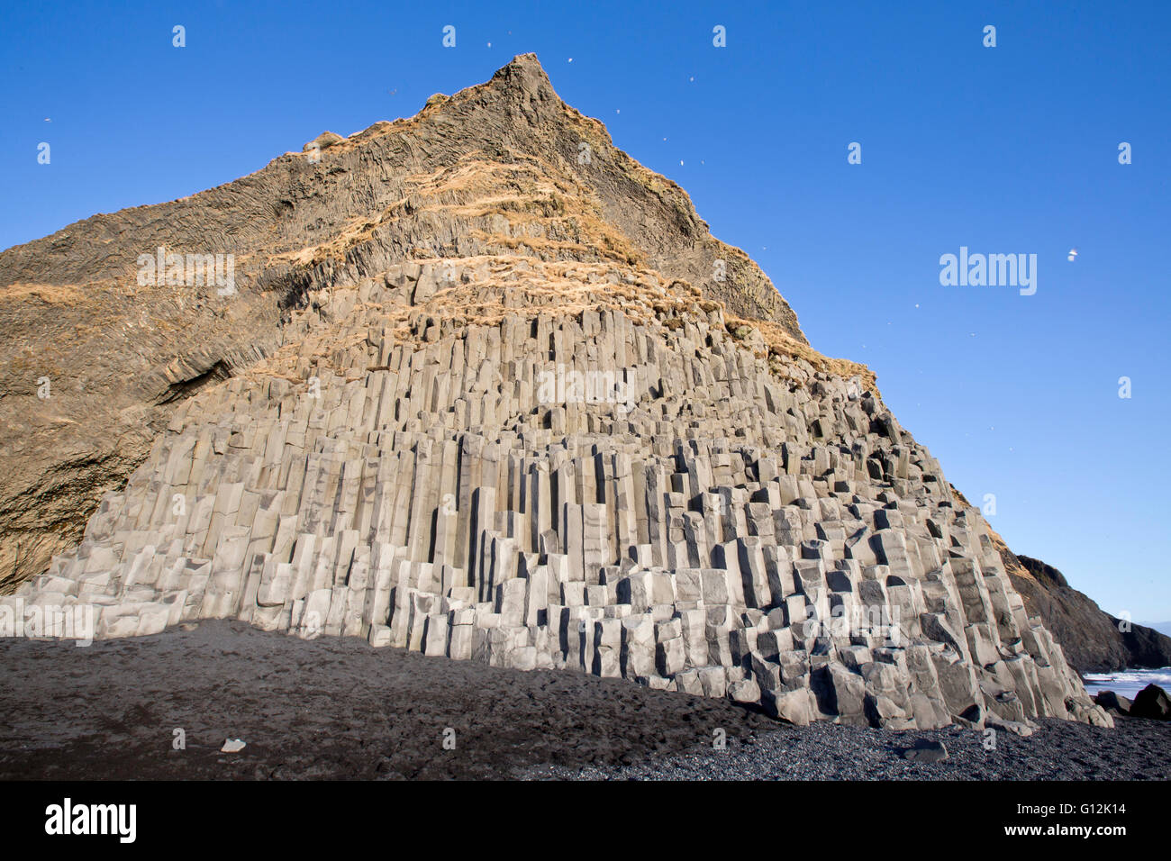 Colonne di basalto in spiaggia Reynisfjara, Vik, Islanda Foto Stock
