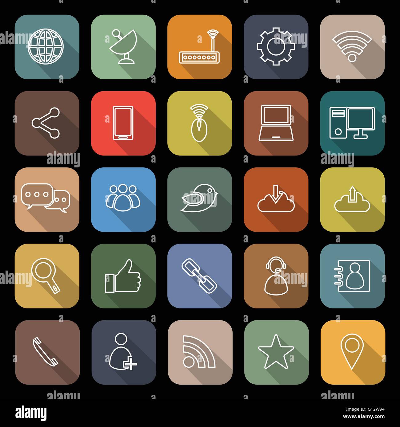 Linea di rete flat le icone con lunga ombra, vettore di stock Illustrazione Vettoriale