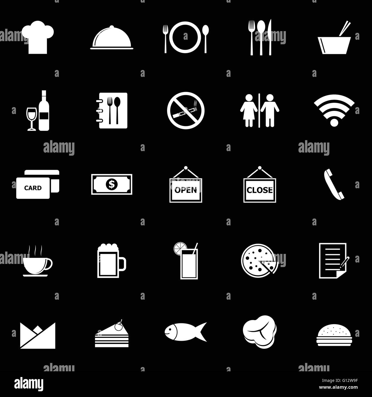 Ristorante Le icone su sfondo nero, vettore di stock Illustrazione Vettoriale